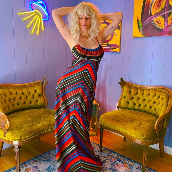 Vintage Dresses & Skirts - Vintage 1970s Rainbow Chevron Striped Disco Maxi Dress